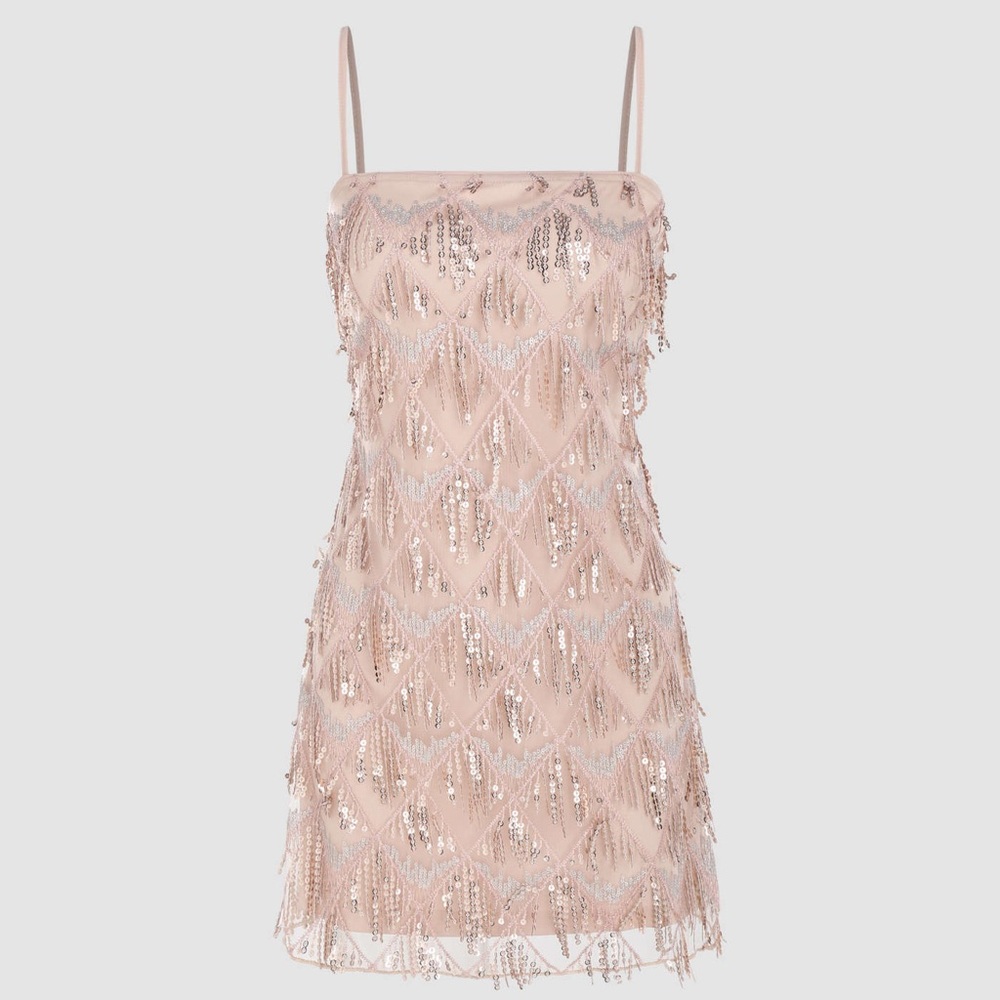 SEQUINS SQUARE NECK GEOMETRIC TASSEL MINI DRESS